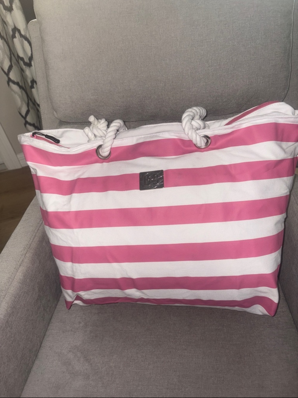 Striped Pink & White Rope-Handle Beach Tote